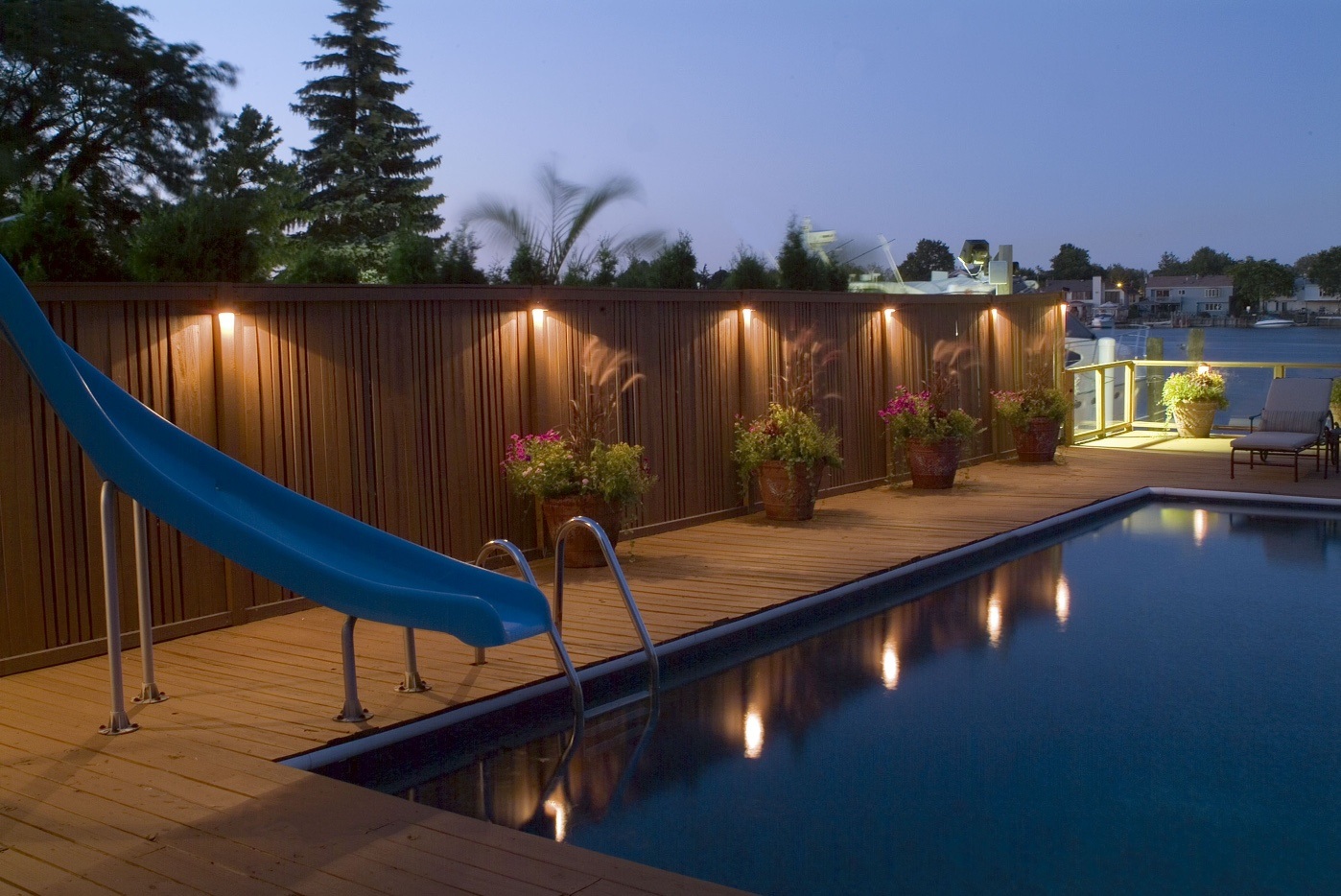 Deck and pool with lighting